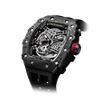The TSAR BOMBA TB8208CF tonneau skeleton watch, Angled front view, features a black stainless steel case and black carbom fiber bezel, exposed mechanical movement, and a black strap. A tourbillon is visible at 7 o'clock.