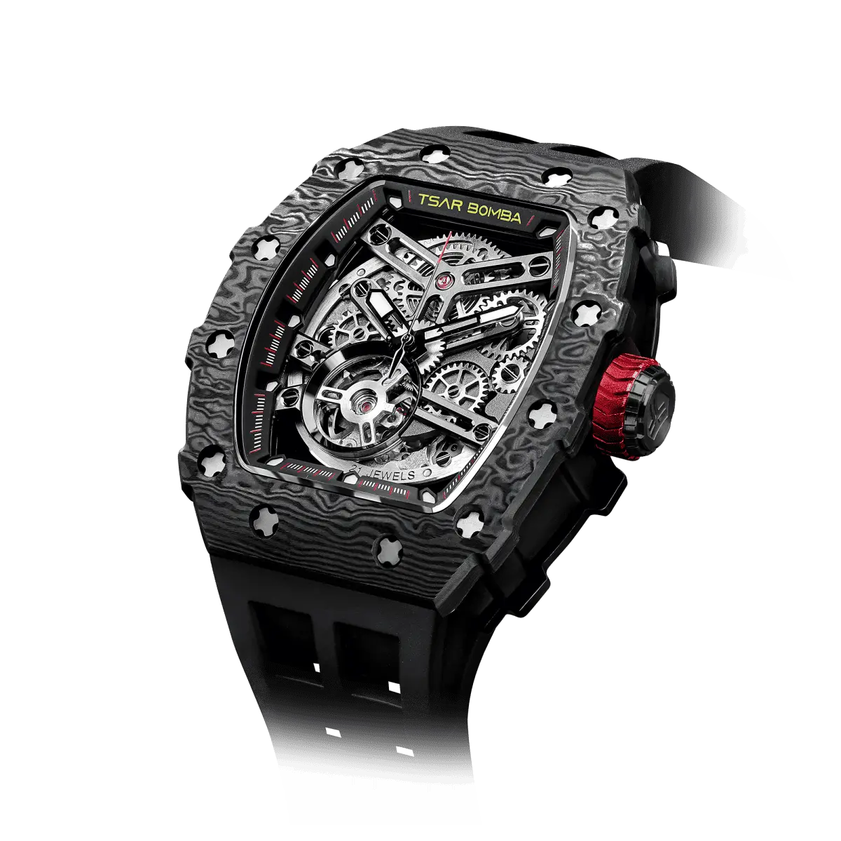 The TSAR BOMBA TB8208CF tonneau skeleton watch, Angled front view, features a black stainless steel case and black carbom fiber bezel, exposed mechanical movement, and a black strap. A tourbillon is visible at 7 o'clock.