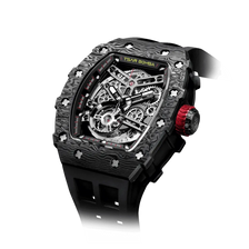 The TSAR BOMBA TB8208CF tonneau skeleton watch, front right three-quarter view, features a black stainless steel case and black carbom fiber bezel, exposed mechanical movement, and a black strap. A tourbillon is visible at 7 o'clock.