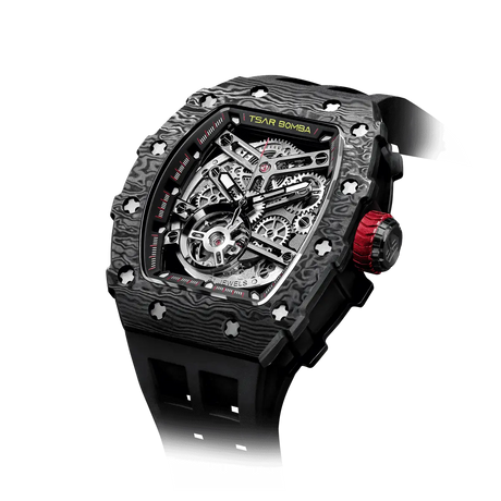 The TSAR BOMBA TB8208CF tonneau skeleton watch, front right three-quarter view, features a black stainless steel case and black carbom fiber bezel, exposed mechanical movement, and a black strap. A tourbillon is visible at 7 o'clock.