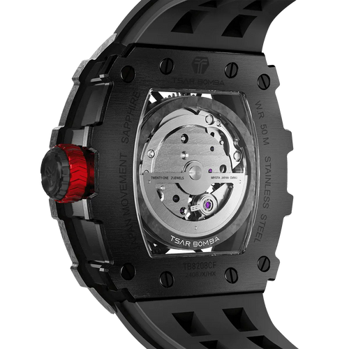 TSAR BOMBA TB8208CF automatic tonneau men watch,Rear view, Showing its exhibition case back and Miyota automatic movement with 21 jewels. The black stainless steel case and strap contrast with the red crown.