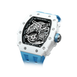 TSAR BOMBA TB8208C automatic skeleton tonneau men's watch, front right three-quarter view, features a stainless steel case,  white ceramic bezel, and a blue strap.