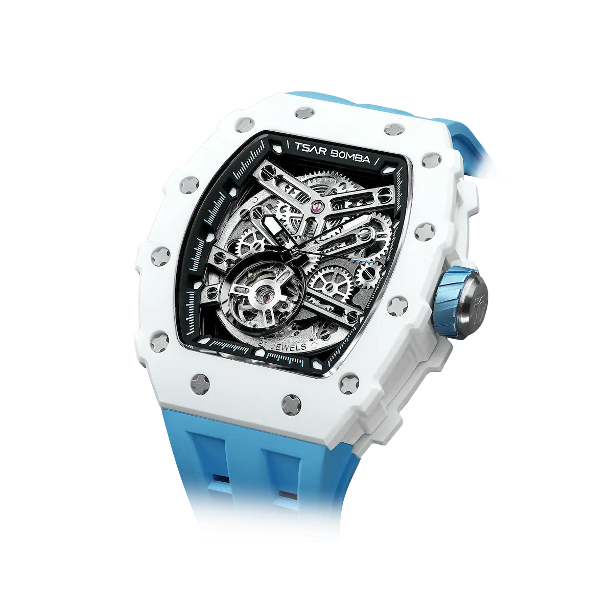 TSAR BOMBA TB8208C automatic skeleton tonneau men's watch, front right three-quarter view, features a stainless steel case,  white ceramic bezel, and a blue strap.