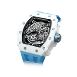 TSAR BOMBA TB8208C automatic skeleton tonneau men's watch, front right three-quarter view, features a stainless steel case,  white ceramic bezel, and a blue strap.