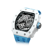 TSAR BOMBA TB8208C automatic skeleton tonneau men's watch, front right three-quarter view, features a stainless steel case,  white ceramic bezel, and a blue strap.