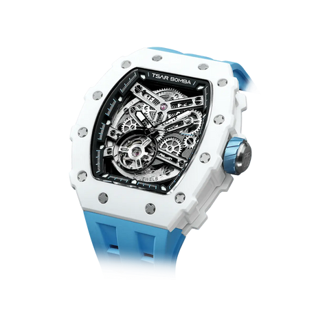 TSAR BOMBA TB8208C automatic skeleton tonneau men's watch, front right three-quarter view, features a stainless steel case,  white ceramic bezel, and a blue strap.