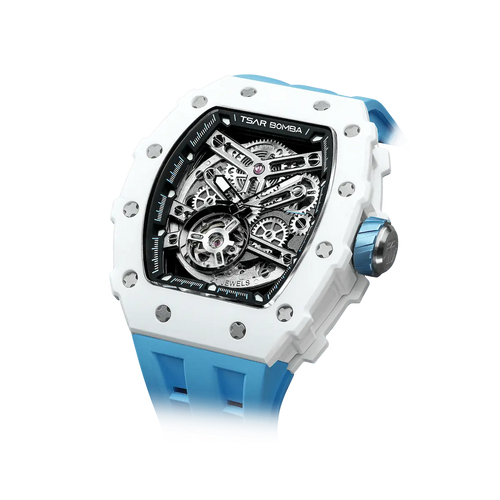 TSAR BOMBA TB8208C automatic skeleton tonneau men's watch, front right three-quarter view, features a stainless steel case,  white ceramic bezel, and a blue strap.