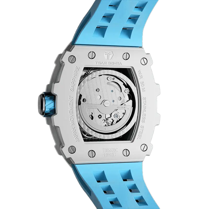 TSAR BOMBA TB8208C Atomatic tonneau men watch,Rear view, Showing its exhibition case back and Miyota automatic movement with 21 jewels. The stainless steel case and blue strap and white ceramic bezel contrast with the red crown.