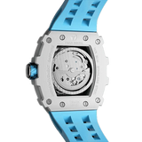 TSAR BOMBA TB8208C Atomatic tonneau men watch,Rear view, Showing its exhibition case back and Miyota automatic movement with 21 jewels. The stainless steel case and blue strap and white ceramic bezel contrast with the red crown.