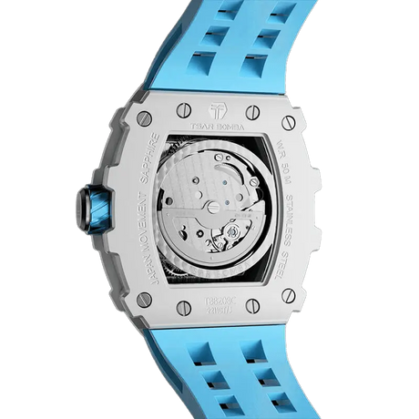 TSAR BOMBA TB8208C Atomatic tonneau men watch,Rear view, Showing its exhibition case back and Miyota automatic movement with 21 jewels. The stainless steel case and blue strap and white ceramic bezel contrast with the red crown.