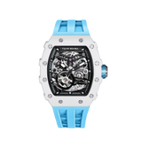 TSAR BOMBA TB8208C automatic skeleton tonneau men's watch, front view, features a stainless steel case,  white ceramic bezel, and a blue strap.