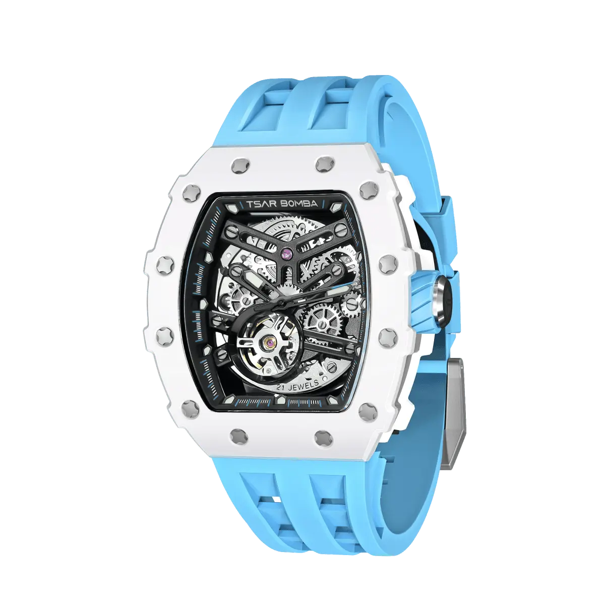 TSAR BOMBA TB8208C automatic skeleton tonneau men's watch, Three-quarter view, features a stainless steel case,  white ceramic bezel, and a blue strap.