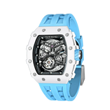 TSAR BOMBA TB8208C automatic skeleton tonneau men's watch, Three-quarter view, features a stainless steel case,  white ceramic bezel, and a blue strap.