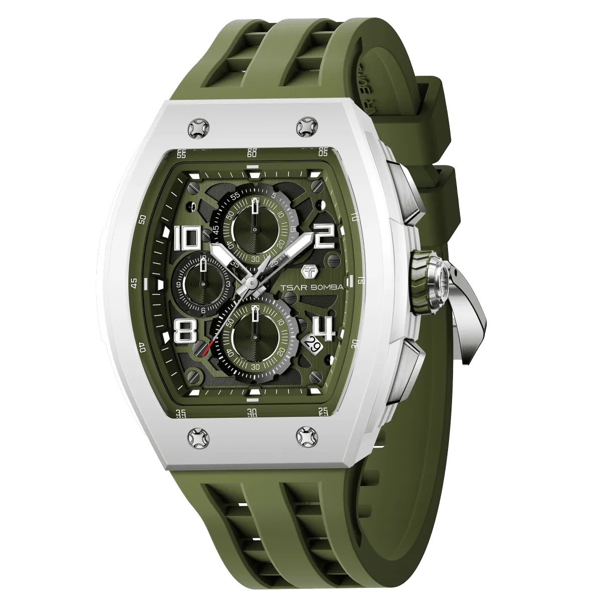 The TSAR BOMBA Elemental TB8224B ceramic tonneau quartz watch. Bio-cecramic white bezel and Olive Green strap.  The Multifunction dial design, the multifunction dial features a chronograph minute sub-dial at the 12 o'clock position, a date display between the 4 and 5 o'clock positions, a seconds sub-dial at the 6 o'clock position, and an hour chronograph sub-dial at the 9 o'clock position. --Left three-quarter-view