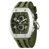 The TSAR BOMBA Elemental TB8224B ceramic tonneau quartz watch. Bio-cecramic white bezel and Olive Green strap.  The Multifunction dial design, the multifunction dial features a chronograph minute sub-dial at the 12 o'clock position, a date display between the 4 and 5 o'clock positions, a seconds sub-dial at the 6 o'clock position, and an hour chronograph sub-dial at the 9 o'clock position. --Left three-quarter-view