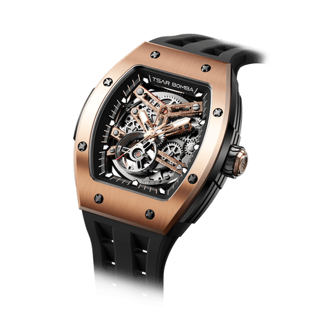 tsarbomba watches TB8228A；316L stainless steel gold bezel and black case and silicone strap.automatic movement and skeletonized dial and visible movement design-
