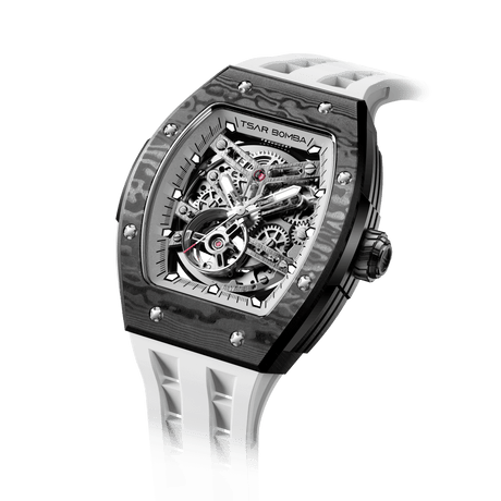 tsarbomba watches TB8228CF； carber fiber bezel and black case and silicone white strap.automatic movement and skeletonized dial and visible movement design--