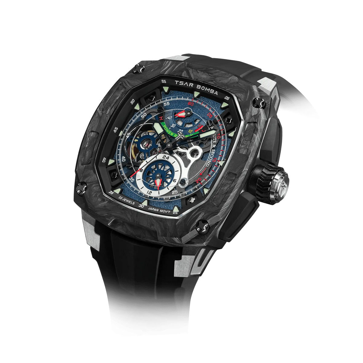 Powered by a Seiko Epson movement, A power reserve indicator is positioned at 12 o'clock; the stable movement delivers a power reserve of 50 hours (±10%). A 24-hour display dial is located at 6 o'clock, while a visible tourbillon is featured at 9 o'clock. The Dark Matter 2 features Grade A luminescent coating, scratch-resistant sapphire crystal, and a interchangeable fluororubber strap. Water-resistant to 100 meters (10 ATM).-carbon fiber bezel and titanium case -black-Left three-quarter view