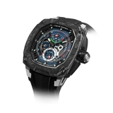 Powered by a Seiko Epson movement, A power reserve indicator is positioned at 12 o'clock; the stable movement delivers a power reserve of 50 hours (±10%). A 24-hour display dial is located at 6 o'clock, while a visible tourbillon is featured at 9 o'clock. The Dark Matter 2 features Grade A luminescent coating, scratch-resistant sapphire crystal, and a interchangeable fluororubber strap. Water-resistant to 100 meters (10 ATM).-carbon fiber bezel and titanium case -black-Left three-quarter view