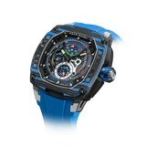 Powered by a Seiko Epson movement, A power reserve indicator is positioned at 12 o'clock; the stable movement delivers a power reserve of 50 hours (±10%). A 24-hour display dial is located at 6 o'clock, while a visible tourbillon is featured at 9 o'clock. The Dark Matter 2 features Grade A luminescent coating, scratch-resistant sapphire crystal, and a interchangeable fluororubber strap. Water-resistant to 100 meters (10 ATM).--Left three-quarter view