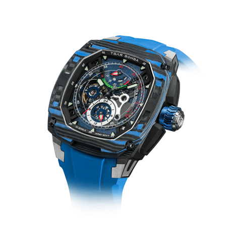 Powered by a Seiko Epson movement, A power reserve indicator is positioned at 12 o'clock; the stable movement delivers a power reserve of 50 hours (±10%). A 24-hour display dial is located at 6 o'clock, while a visible tourbillon is featured at 9 o'clock. The Dark Matter 2 features Grade A luminescent coating, scratch-resistant sapphire crystal, and a interchangeable fluororubber strap. Water-resistant to 100 meters (10 ATM).--Left three-quarter view