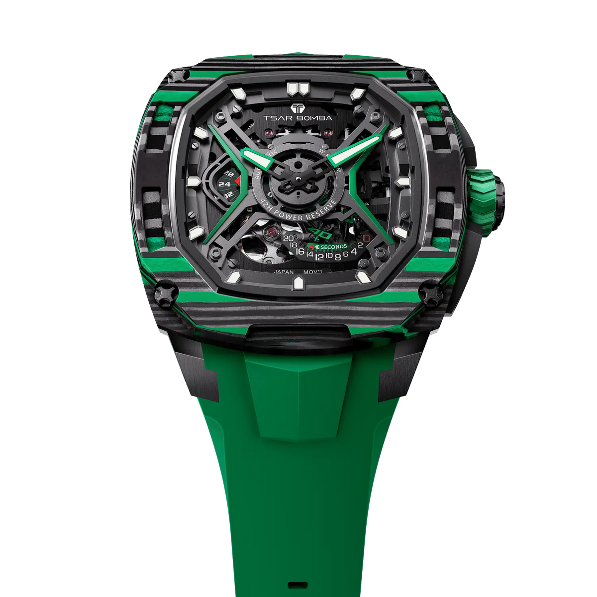 TSATBOMBA TB8605 Featuring a stainless steel case and carbon fiber bezel, it is powered by a Citizen MIYOTA automatic movement, with the dial combining a 24-hour display and power reserve indicator. The Dark Matter 5 features Grade A luminescent coating, scratch-resistant sapphire crystal, and a interchangeable fluororubber strap. Water-resistant to 50 meters (50 ATM).-carbon-fiber-bezel-green-