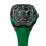 TSATBOMBA TB8605 Featuring a stainless steel case and carbon fiber bezel, it is powered by a Citizen MIYOTA automatic movement, with the dial combining a 24-hour display and power reserve indicator. The Dark Matter 5 features Grade A luminescent coating, scratch-resistant sapphire crystal, and a interchangeable fluororubber strap. Water-resistant to 50 meters (50 ATM).-carbon-fiber-bezel-green-