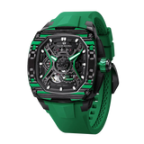 TSATBOMBA TB8605 Featuring a stainless steel case and carbon fiber bezel, it is powered by a Citizen MIYOTA automatic movement, with the dial combining a 24-hour display and power reserve indicator. The Dark Matter 5 features Grade A luminescent coating, scratch-resistant sapphire crystal, and a interchangeable fluororubber strap. Water-resistant to 50 meters (50 ATM).-carbon-fiber-bezel-green-