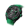 TSATBOMBA TB8605 Featuring a stainless steel case and carbon fiber bezel, it is powered by a Citizen MIYOTA automatic movement, with the dial combining a 24-hour display and power reserve indicator. The Dark Matter 5 features Grade A luminescent coating, scratch-resistant sapphire crystal, and a interchangeable fluororubber strap. Water-resistant to 50 meters (50 ATM).-carbon-fiber-bezel-green-Left three-quarter view
