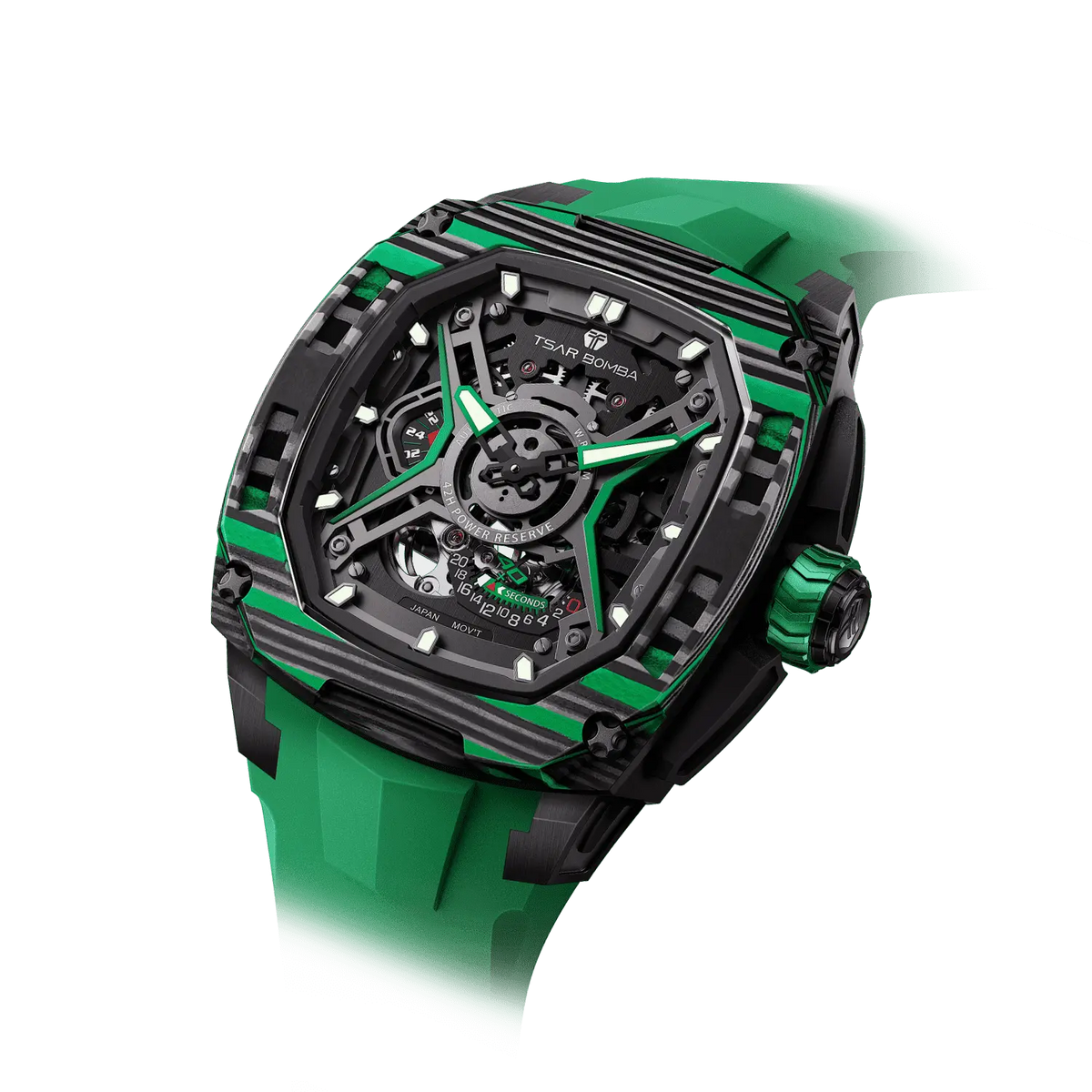 TSATBOMBA TB8605 Featuring a stainless steel case and carbon fiber bezel, it is powered by a Citizen MIYOTA automatic movement, with the dial combining a 24-hour display and power reserve indicator. The Dark Matter 5 features Grade A luminescent coating, scratch-resistant sapphire crystal, and a interchangeable fluororubber strap. Water-resistant to 50 meters (50 ATM).-carbon-fiber-bezel-green-Left three-quarter view