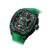 TSATBOMBA TB8605 Featuring a stainless steel case and carbon fiber bezel, it is powered by a Citizen MIYOTA automatic movement, with the dial combining a 24-hour display and power reserve indicator. The Dark Matter 5 features Grade A luminescent coating, scratch-resistant sapphire crystal, and a interchangeable fluororubber strap. Water-resistant to 50 meters (50 ATM).-carbon-fiber-bezel-green-Left three-quarter view