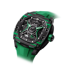 TSATBOMBA TB8605 Featuring a stainless steel case and carbon fiber bezel, it is powered by a Citizen MIYOTA automatic movement, with the dial combining a 24-hour display and power reserve indicator. The Dark Matter 5 features Grade A luminescent coating, scratch-resistant sapphire crystal, and a interchangeable fluororubber strap. Water-resistant to 50 meters (50 ATM).-carbon-fiber-bezel-green-Left three-quarter view