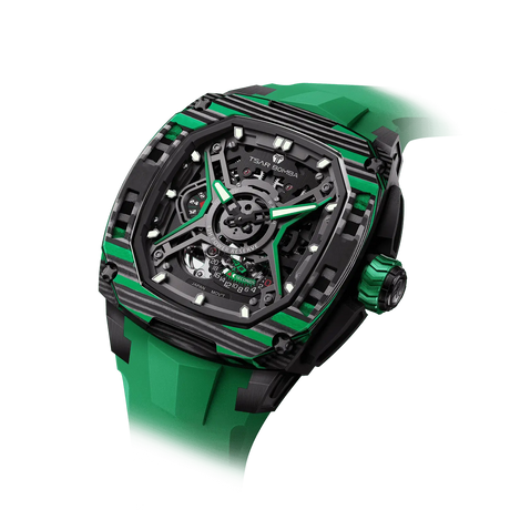 TSATBOMBA TB8605 Featuring a stainless steel case and carbon fiber bezel, it is powered by a Citizen MIYOTA automatic movement, with the dial combining a 24-hour display and power reserve indicator. The Dark Matter 5 features Grade A luminescent coating, scratch-resistant sapphire crystal, and a interchangeable fluororubber strap. Water-resistant to 50 meters (50 ATM).-carbon-fiber-bezel-green-Left three-quarter view
