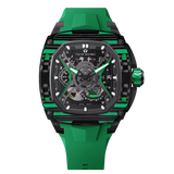 TSATBOMBA TB8605 Featuring a stainless steel case and carbon fiber bezel, it is powered by a Citizen MIYOTA automatic movement, with the dial combining a 24-hour display and power reserve indicator. The Dark Matter 5 features Grade A luminescent coating, scratch-resistant sapphire crystal, and a interchangeable fluororubber strap. Water-resistant to 50 meters (50 ATM).-carbon-fiber-bezel-green-