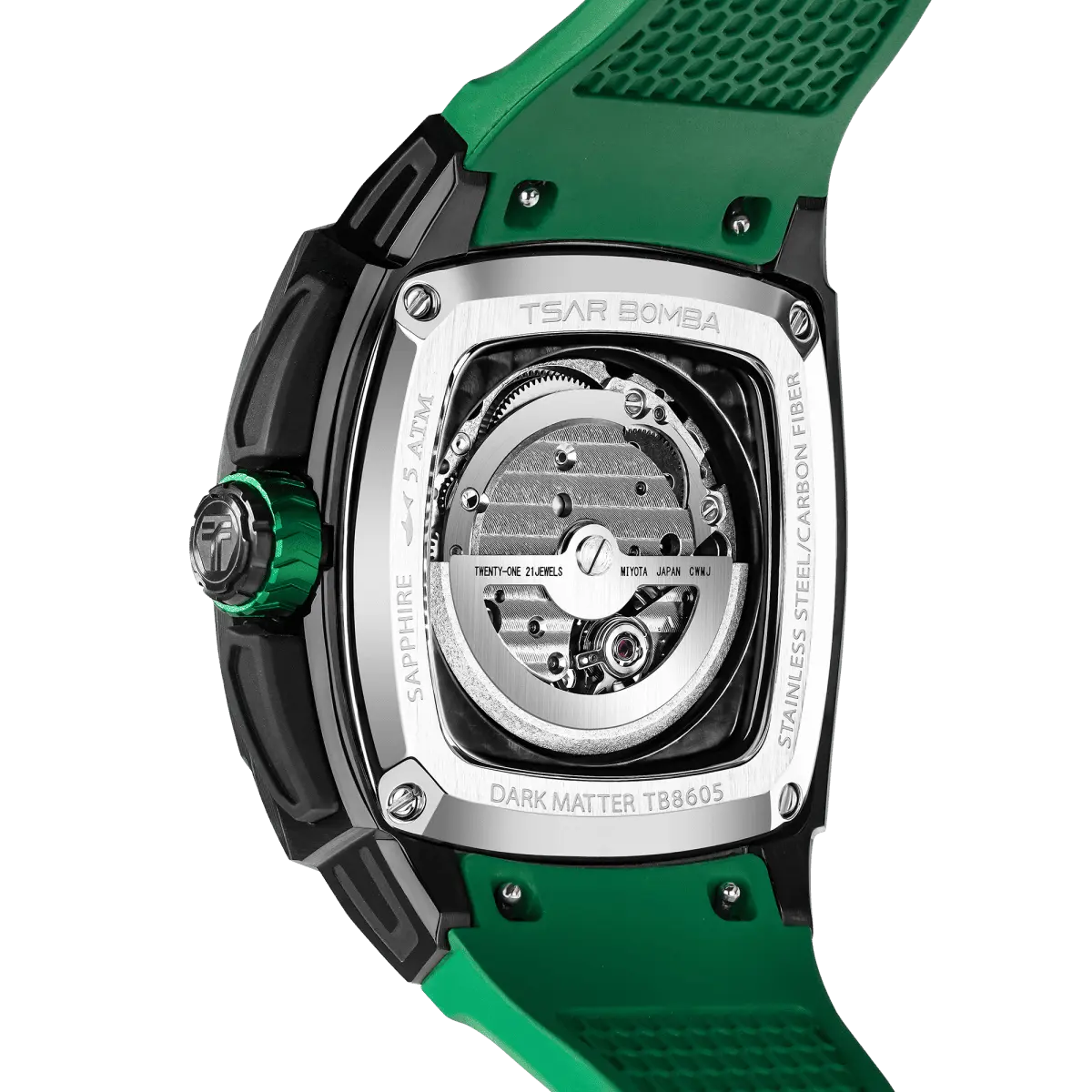 TSATBOMBA TB8605 Featuring a stainless steel case and carbon fiber bezel, it is powered by a Citizen MIYOTA automatic movement, with the dial combining a 24-hour display and power reserve indicator. The Dark Matter 5 features Grade A luminescent coating, scratch-resistant sapphire crystal, and a interchangeable fluororubber strap. Water-resistant to 50 meters (50 ATM).-carbon-fiber-bezel-green-REAR VIEW