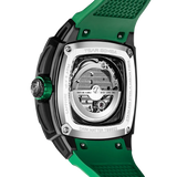 TSATBOMBA TB8605 Featuring a stainless steel case and carbon fiber bezel, it is powered by a Citizen MIYOTA automatic movement, with the dial combining a 24-hour display and power reserve indicator. The Dark Matter 5 features Grade A luminescent coating, scratch-resistant sapphire crystal, and a interchangeable fluororubber strap. Water-resistant to 50 meters (50 ATM).-carbon-fiber-bezel-green-REAR VIEW