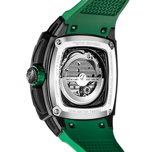 TSATBOMBA TB8605 Featuring a stainless steel case and carbon fiber bezel, it is powered by a Citizen MIYOTA automatic movement, with the dial combining a 24-hour display and power reserve indicator. The Dark Matter 5 features Grade A luminescent coating, scratch-resistant sapphire crystal, and a interchangeable fluororubber strap. Water-resistant to 50 meters (50 ATM).-carbon-fiber-bezel-green-REAR VIEW