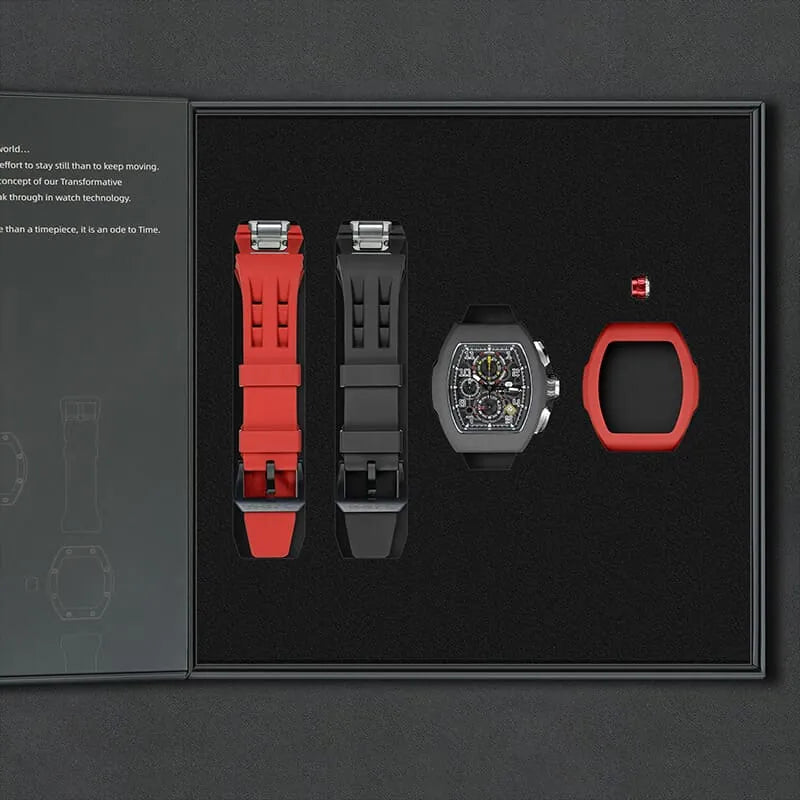 The image shows the TSAR BOMBA Atomic TB8214 interchangeable set. The set includes a black and red fluororubber strap, a black and red fluororubber bezel, and a red and black crown. TSAR BOMBA's patented interchangeable module allows for quick and easy replacement of watch modules without tools, enabling interchangeable straps, crowns, and bezels. Instead of buying multiple watches, why not own one watch that can be styled in various ways?