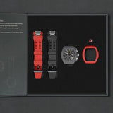The image shows the TSAR BOMBA Atomic TB8214 interchangeable set. The set includes a black and red fluororubber strap, a black and red fluororubber bezel, and a red and black crown. TSAR BOMBA's patented interchangeable module allows for quick and easy replacement of watch modules without tools, enabling interchangeable straps, crowns, and bezels. Instead of buying multiple watches, why not own one watch that can be styled in various ways?