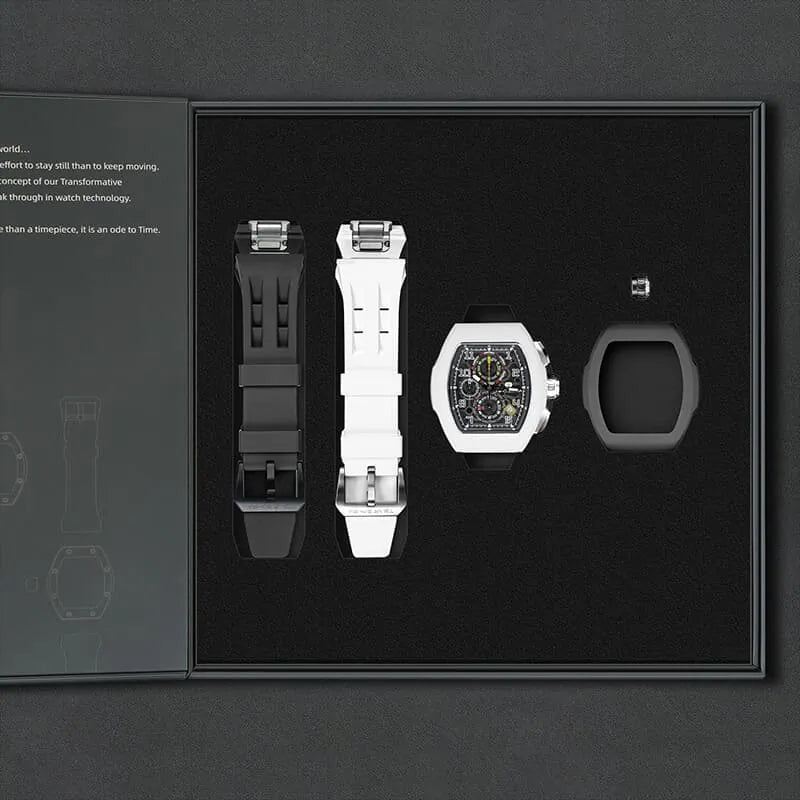 The image shows the TSAR BOMBA Atomic TB8214 interchangeable set. The set includes a black and white fluororubber strap, a black and white fluororubber bezel, and a white and black crown. TSAR BOMBA's patented interchangeable module allows for quick and easy replacement of watch modules without tools, enabling interchangeable straps, crowns, and bezels. Instead of buying multiple watches, why not own one watch that can be styled in various ways?