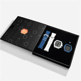The image shows the TSAR BOMBA Atomic TB8214 interchangeable set. The set includes a  blue and white fluororubber strap, a carbon fiber white bezel and  blue fluororubber bezel, and a white and  blue crown. TSAR BOMBA's patented interchangeable module allows for quick and easy replacement of watch modules without tools, enabling interchangeable straps, crowns, and bezels. Instead of buying multiple watches, why not own one watch that can be styled in various ways?--Set display and packaging box