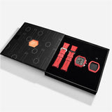 The image shows the TSAR BOMBA Atomic TB8214 interchangeable set. The set includes a  2 red fluororubber strap, a carbon fiber red bezel fluororubber bezel, and a 2 red crown. TSAR BOMBA's patented interchangeable module allows for quick and easy replacement of watch modules without tools, enabling interchangeable straps, crowns, and bezels. Instead of buying multiple watches, why not own one watch that can be styled in various ways?--Set display and packaging box