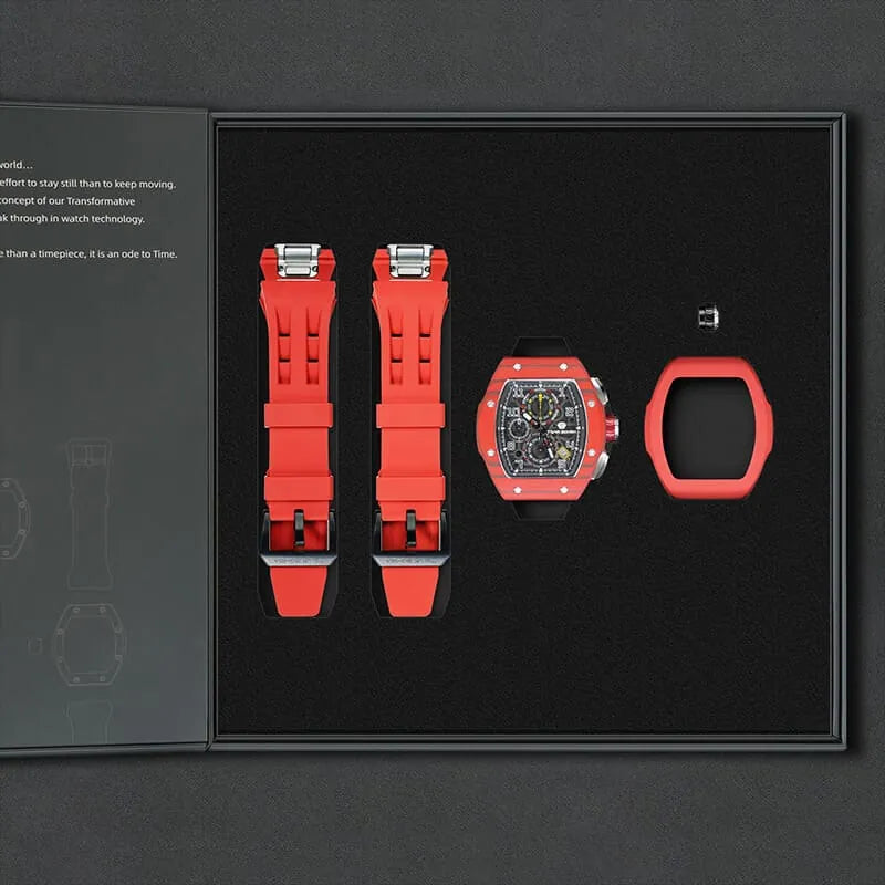 The image shows the TSAR BOMBA Atomic TB8214 interchangeable set. The set includes a  2 red fluororubber strap, a carbon fiber red bezel fluororubber bezel, and a 2 red crown. TSAR BOMBA's patented interchangeable module allows for quick and easy replacement of watch modules without tools, enabling interchangeable straps, crowns, and bezels. Instead of buying multiple watches, why not own one watch that can be styled in various ways?-