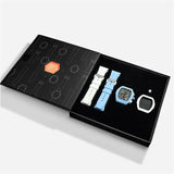 The image shows the TSAR BOMBA Atomic TB8214 interchangeable set. The set includes a sky black and white fluororubber strap, a carbon fiber white bezel and sky blue fluororubber bezel, and a white and sky blue crown. TSAR BOMBA's patented interchangeable module allows for quick and easy replacement of watch modules without tools, enabling interchangeable straps, crowns, and bezels. Instead of buying multiple watches, why not own one watch that can be styled in various ways?--Set display and packaging box