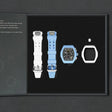 The image shows the TSAR BOMBA Atomic TB8214 interchangeable set. The set includes a sky blue and white fluororubber strap, a sky blue and white fluororubber bezel, and a white and black crown. TSAR BOMBA's patented interchangeable module allows for quick and easy replacement of watch modules without tools, enabling interchangeable straps, crowns, and bezels. Instead of buying multiple watches, why not own one watch that can be styled in various ways?