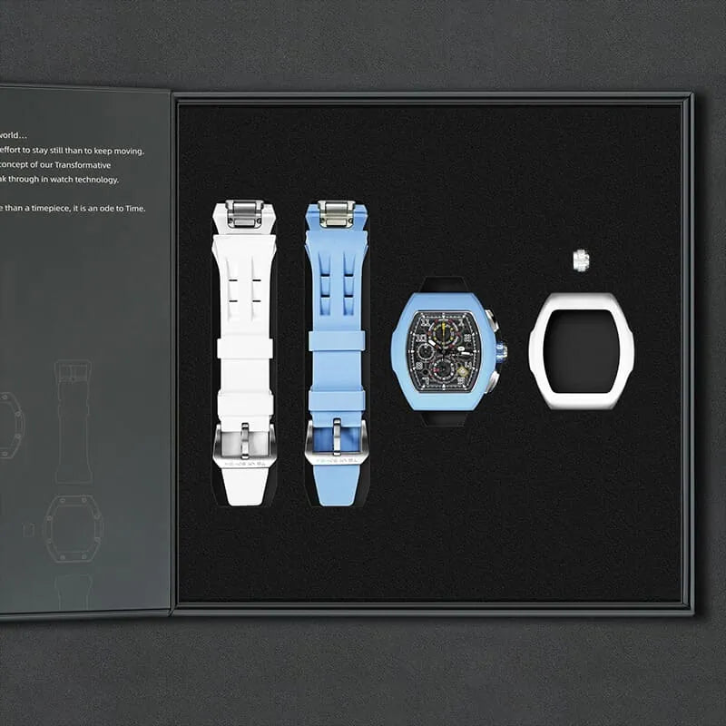 The image shows the TSAR BOMBA Atomic TB8214 interchangeable set. The set includes a sky blue and white fluororubber strap, a sky blue and white fluororubber bezel, and a white and black crown. TSAR BOMBA's patented interchangeable module allows for quick and easy replacement of watch modules without tools, enabling interchangeable straps, crowns, and bezels. Instead of buying multiple watches, why not own one watch that can be styled in various ways?
