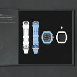 The image shows the TSAR BOMBA Atomic TB8214 interchangeable set. The set includes a sky blue and white fluororubber strap, a sky blue and white fluororubber bezel, and a white and black crown. TSAR BOMBA's patented interchangeable module allows for quick and easy replacement of watch modules without tools, enabling interchangeable straps, crowns, and bezels. Instead of buying multiple watches, why not own one watch that can be styled in various ways?