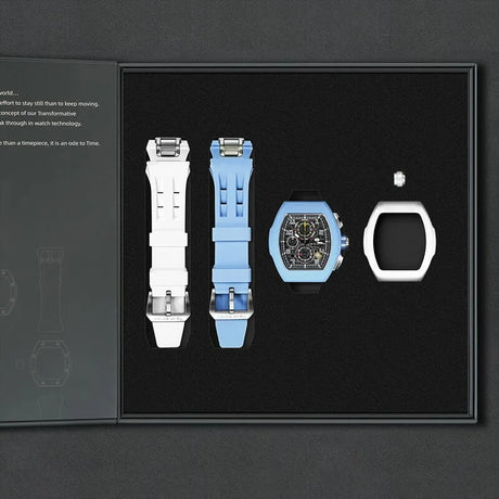 The image shows the TSAR BOMBA Atomic TB8214 interchangeable set. The set includes a sky blue and white fluororubber strap, a sky blue and white fluororubber bezel, and a white and black crown. TSAR BOMBA's patented interchangeable module allows for quick and easy replacement of watch modules without tools, enabling interchangeable straps, crowns, and bezels. Instead of buying multiple watches, why not own one watch that can be styled in various ways?