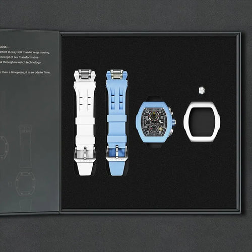 The image shows the TSAR BOMBA Atomic TB8214 interchangeable set. The set includes a sky blue and white fluororubber strap, a sky blue and white fluororubber bezel, and a white and black crown. TSAR BOMBA's patented interchangeable module allows for quick and easy replacement of watch modules without tools, enabling interchangeable straps, crowns, and bezels. Instead of buying multiple watches, why not own one watch that can be styled in various ways?