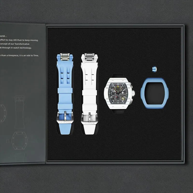 The image shows the TSAR BOMBA Atomic TB8214 interchangeable set. The set includes a sky black and white fluororubber strap, a carbon fiber white bezel and sky blue fluororubber bezel, and a white and sky blue crown. TSAR BOMBA's patented interchangeable module allows for quick and easy replacement of watch modules without tools, enabling interchangeable straps, crowns, and bezels. Instead of buying multiple watches, why not own one watch that can be styled in various ways?